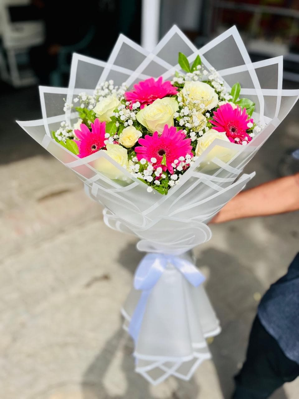 Pink Gerbera & Cream Rose Bouquet